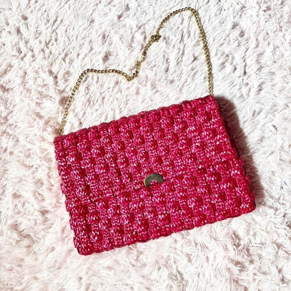 Vintage 80s Wicker Colorful Beachy Statement Hot Pink Clutch Bag Tropical Resort